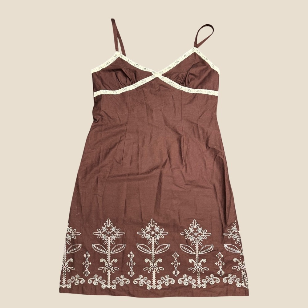 Vintage y2k babydoll dress chocolate brown mini embroidered boho coquette flirty